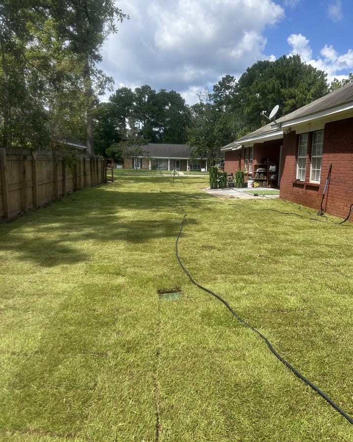 The same backyard laid with fresh sod between a wood privacy fence and a brick house